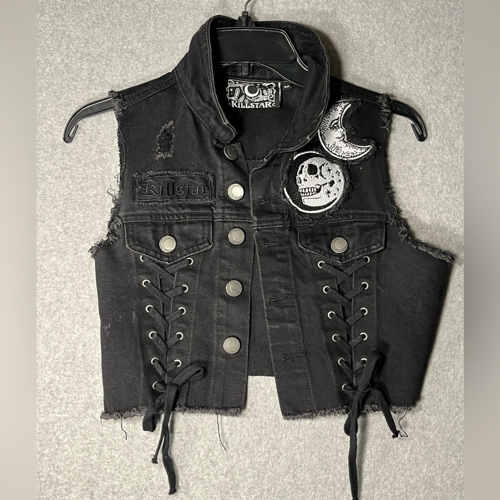 KILLSTAR Black Phased Out Denim Vest Skull Moon Distress Crop Medium (Small) - Picture 4 of 10